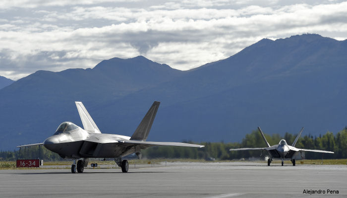 Two USAF F-22 Raptors from 525th Fighter Squadron at Joint Base Elmendorf-Richardson, Alaska. JBER is hosting Red Flag 15-3