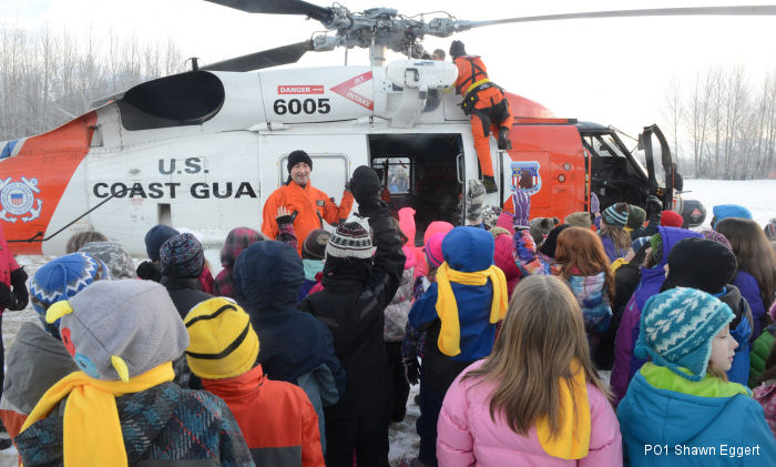 Part of  “Fly ‘em High: Helicopters’ Role in Alaska” campaign, students at Academy Charter School in Palmer Alaska were visited by Coast Guard Air Station Kodiak Sikorsky MH-60T Jayhawk helicopter