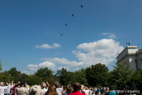 Flyover of 4 <a href=/database/modelorg/786/>USAF UH-1N</a> Hueys helicopters in memory of fallen helicopter pilots and crew from the Vietnam War.