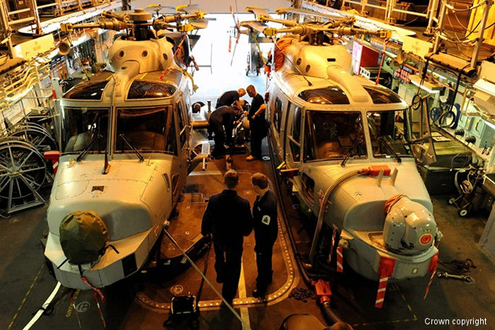 WildCat to the left and a <a href=/database/modelorg/224/>Lynx</a> to the right of HMS Duncan s hanger.