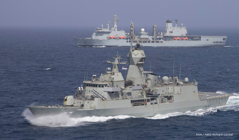 HMAS Perth (F157, Anzac Class frigate) in the Arabian Sea. UK s <a href=/database/unit/654/>RFA Fort Victoria</a> (A387) on the background