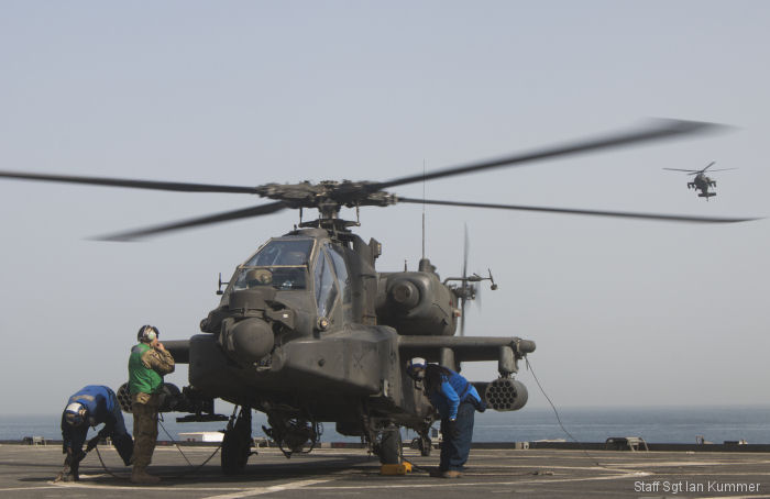 California Army National Guard 40th Combat Aviation Brigade Apaches and Chinooks conducted training exercise aboard the USS Ponce (AFSB(I)-15, interim Afloat Forward Staging Base) in the Persian Gulf