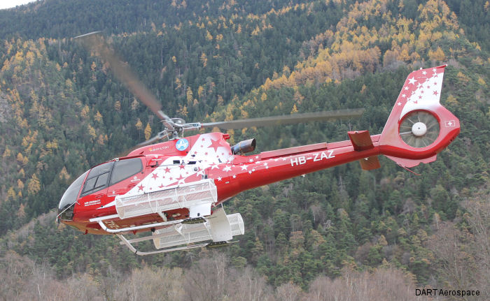Helicopter Airbus H130 Serial 7989 Register HB-ZAZ used by Air Zermatt AG. Built 2015. Aircraft history and location