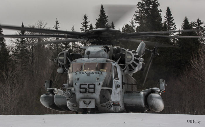 A CH-53E Super Stallion from <a href=/database/sqd/1284/>HMH-464</a>  lands in snow near Brunswick, Maine