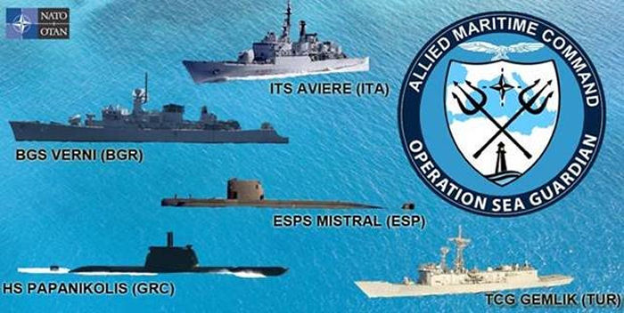 Three NATO ships provided by Turkey, Italy and Greece deployed in the eastern Mediterranean in a standing Maritime Security Operation named Sea Guardian (OSG)