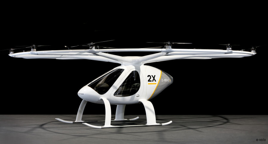e-volo presenting the Volocopter 2X, powered purely by electricity and capable of carrying 2 passengers, at the general aviation trade fair AERO in Friedrichshafen, Germany, April 5-8