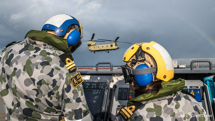 Chinook First Flight Trials on HMAS Choules