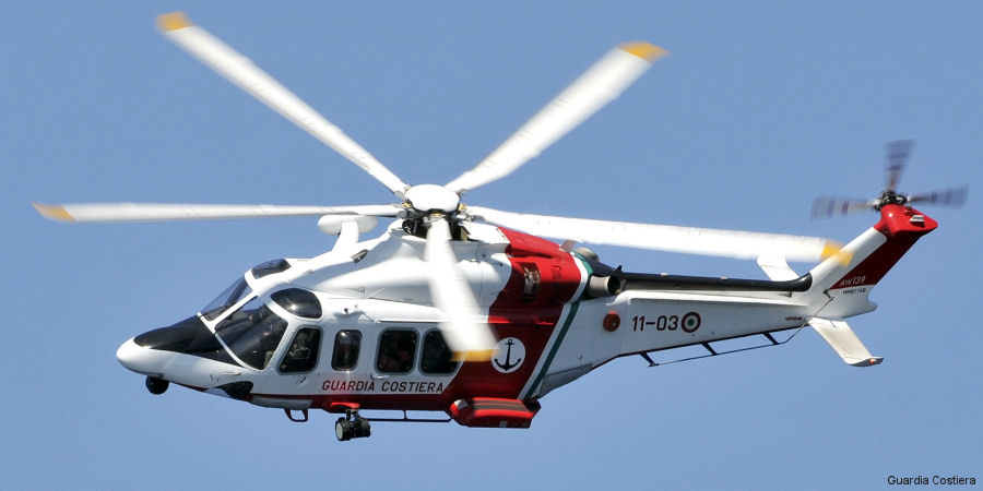 Helicopter AgustaWestland AW139 Serial 31313 Register MM81748 used by Guardia Costiera (Italian Coast Guard). Built 2010. Aircraft history and location