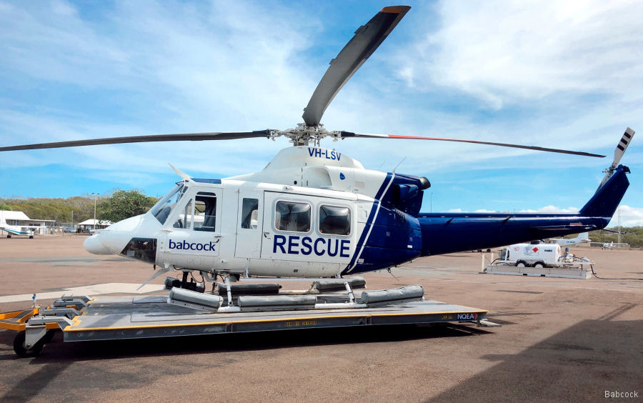 Detailed history and photos of helicopter Agusta AB412SP Serial 25626 Register VH-LSV ZK-HIU I-BRMA used by Australia Air Ambulances QGAir (Queensland Government Air) ,Babcock Australia ,Local Governments Queensland ,Australian Helicopters AHPL ,Elilombarda Track service timeline and current status.