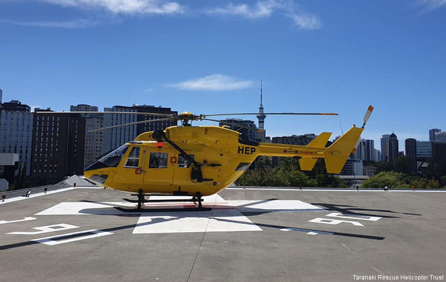 Helicopter MBB Bk117B-1 Serial 7224 Register ZK-HEP EC-MMR D-HLTB used by New Zealand Rescue Helicopters Taranaki Rescue Helicopter Trust ,Airwork NZ ,ADAC Luftrettung ADAC Christoph 1 (ADAC). Built 1991. Aircraft history and location