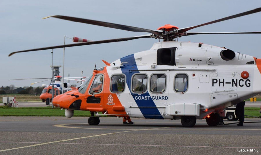 Helicopter AgustaWestland AW189 Serial 92001 Register PH-NCG G-MCGN G-CJNV used by Kustwacht Nederland (Netherlands Coastguard) ,HM Coastguard (Her Majesty’s Coastguard) ,Bristow ,AgustaWestland UK. Built 2014. Aircraft history and location