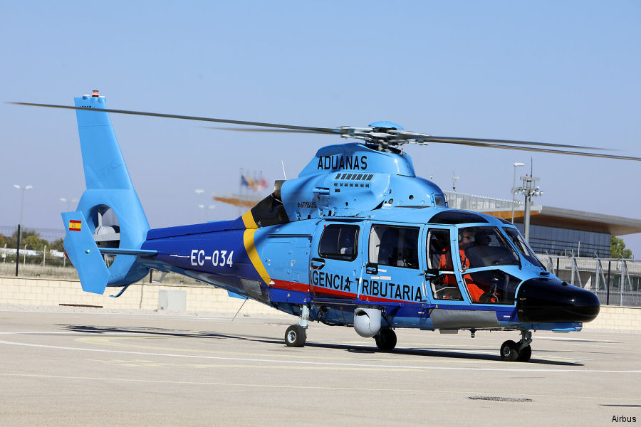Helicopter Airbus AS365N3+ Dauphin 2 Serial 7060 Register EC-NRJ EC-034 used by Servicio de Vigilancia Aduanera Aduanas (Spanish Customs) ,Airbus Helicopters España (Airbus Helicopters Spain). Built 2020. Aircraft history and location