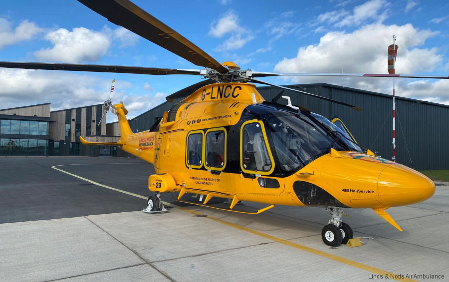 Helicopter AgustaWestland AW169 Serial 69139 Register G-LNCC used by UK Air Ambulances LNAACT (Lincolnshire and Nottinghamshire Air Ambulance) ,HeliService International GmbH. Built 2021. Aircraft history and location