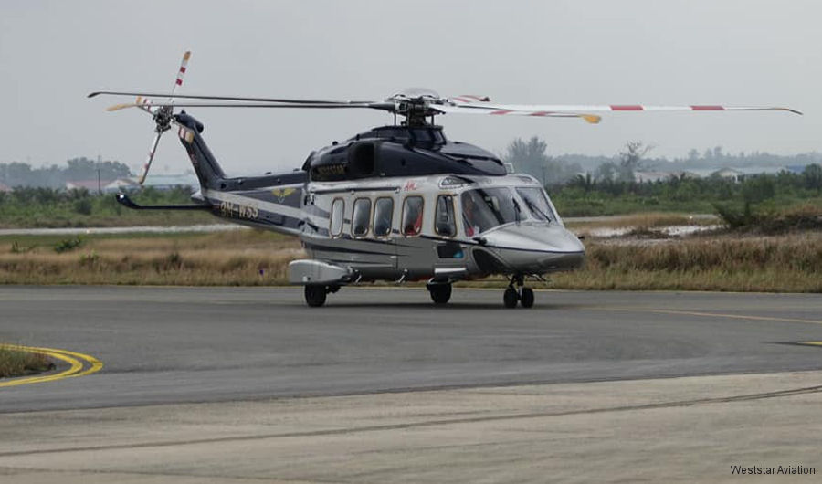 Helicopter AgustaWestland AW189 Serial 49012 Register 9M-WSS PK-WAC I-EASO used by Weststar Aviation WAS ,Weststar Aviation Indonesia PTWAI ,AgustaWestland Italy. Built 2014. Aircraft history and location