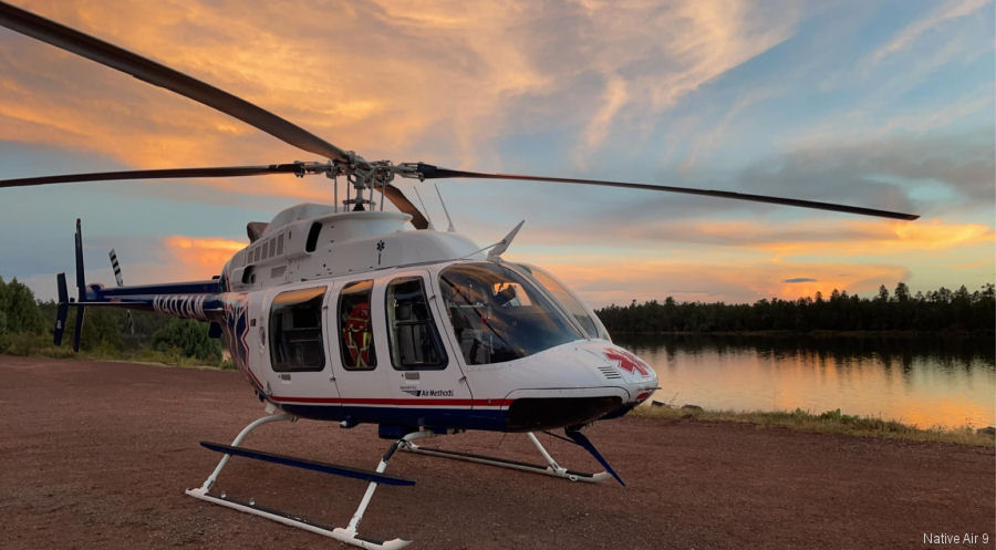 Helicopter Bell 407 Serial 53309 Register N407AM used by Native Air ,Ayiti Air Anbilans (Haiti Air Ambulance) ,Air Methods ,AirMed (University of Utah). Built 1998. Aircraft history and location