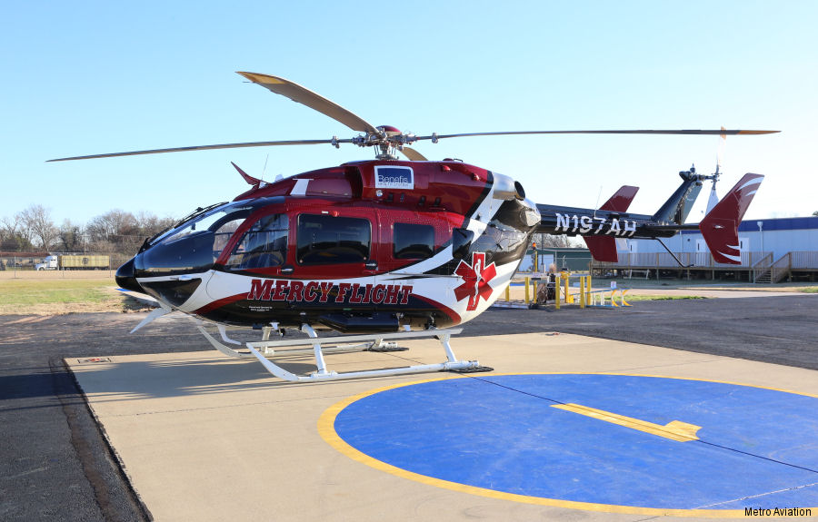 Helicopter Airbus H145 Serial 9880 Register N197AH used by Benefis Mercy Flight ,Airbus Helicopters Inc (Airbus Helicopters USA). Built 2023 Converted to EC145e. Aircraft history and location
