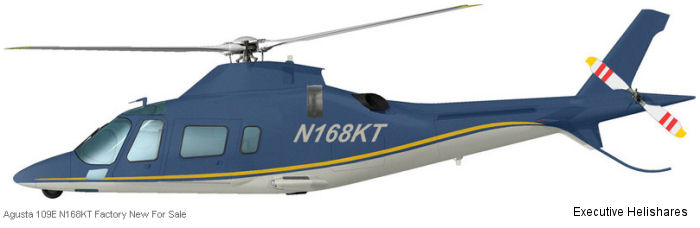 Helicopter AgustaWestland AW109E Power Serial 11831 Register N168KT used by Executive HeliShares ,AgustaWestland Philadelphia (AgustaWestland USA). Built 2012. Aircraft history and location