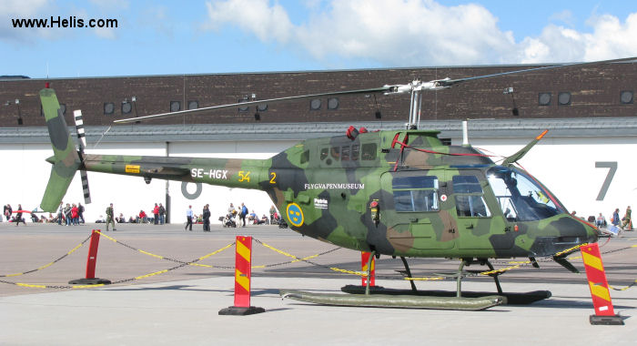 Helicopter Agusta AB206B Serial 8555 Register SE-HGX 06054 LN-ORP used by Patria Helicopters AB ,Försvarsmakten (Swedish Armed Forces) ,marinen (swedish navy) ,Airlift AS ,helitourist AS (helitourist Ltd). Built 1977. Aircraft history and location