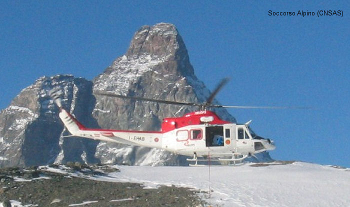 Helicopter Agusta AB412 Serial 25505 Register I-EHAB G-BKNT used by Pegasus Aero Group ,INAER Italia ,Airgreen ,Helops s.r.l. (Helops Ltd.) ,Soccorso Alpino CNSAS (Italian Mountain Rescue Service) ,Protezione Civile (Civil Protection). Aircraft history and location