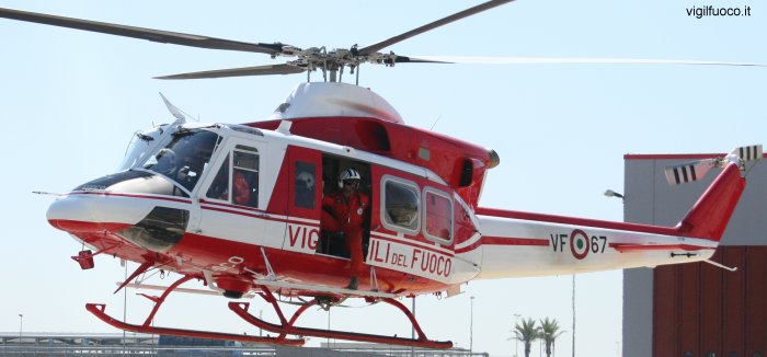 Detailed history and photos of helicopter Agusta AB412EP Serial 25922 Register I-VFOW used by Vigili del Fuoco (Italian Firefighters) Track service timeline and current status.