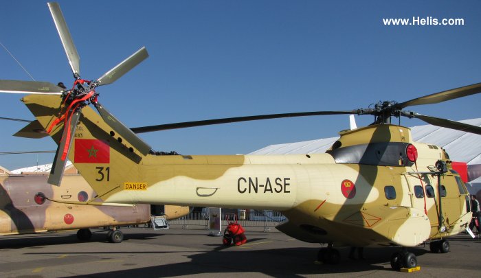 Detailed history and photos of helicopter Aerospatiale SA330G Puma Serial 1483 Register CN-ASE used by Royal Moroccan Air Force RMAF Track service timeline and current status.