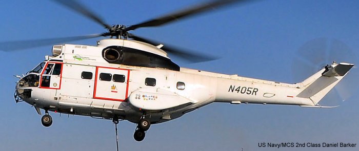 Helicopter Aerospatiale SA330J Puma Serial 1475 Register N405R VH-WOE G-BERH used by Erickson ,Evergreen Helicopters ,US Navy USN (United States Naval Aviation) ,Geo-Seis Helicopters ,Bristow Australia AUSBU ,Bristow. Built 1977. Aircraft history and location