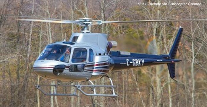Helicopter Eurocopter AS350B3e Ecureuil Serial 7535 Register C-GBKY used by Mustang Helicopters. Aircraft history and location