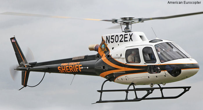 Helicopter Eurocopter AS350B3e Ecureuil Serial 7258 Register N599SD N502EX N600RS used by PCSD (Pima County Sheriff Department) ,American Eurocopter (Eurocopter USA). Built 2012. Aircraft history and location