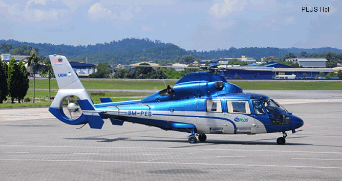 Helicopter Eurocopter AS365N3 Dauphin 2 Serial 6676 Register 9M-PEB F-OISA used by PLUS Helicopter Services Sdn Bhd (PLUS Heli). Built 2004. Aircraft history and location