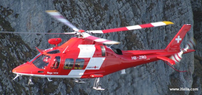 Helicopter AgustaWestland AW109SP GrandNew Serial 22212 Register HB-ZRQ used by REGA (Swiss Air Rescue). Aircraft history and location