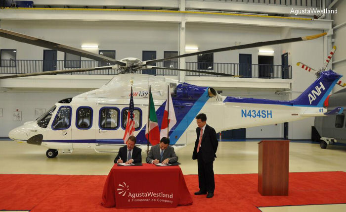 Helicopter AgustaWestland AW139 Serial 41341 Register JA93NH N434SH used by All Nippon Helicopter ANH ,Mitsui Bussan Aerospace MBA ,AgustaWestland Philadelphia (AgustaWestland USA). Built 2013. Aircraft history and location