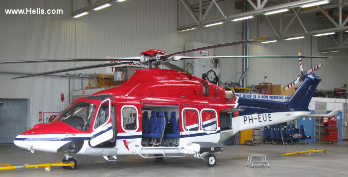 Helicopter AgustaWestland AW139 Serial 31387 Register PH-EUE used by CHC Helicopters Netherlands bv CHC NL. Built 2011. Aircraft history and location