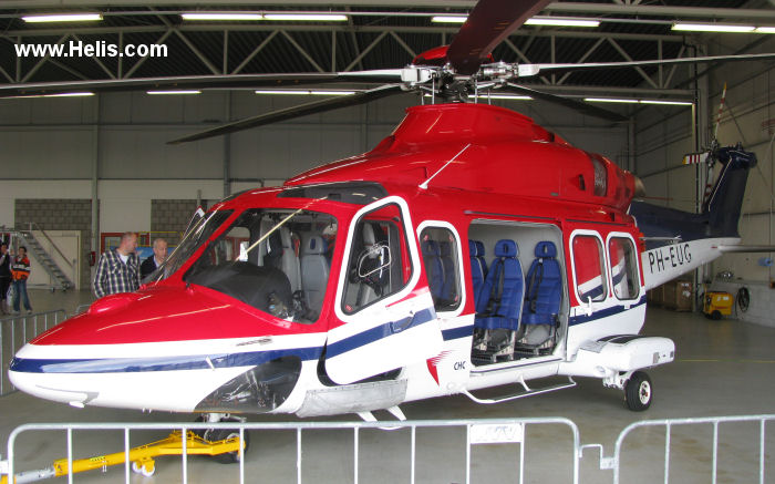 Helicopter AgustaWestland AW139 Serial 31407 Register PR-CGN G-SNSF PH-EUG used by CHC do Brasil BHS (BHS Taxi Aereo) ,CHC Scotia ,CHC Helicopters Netherlands bv CHC NL. Built 2012. Aircraft history and location