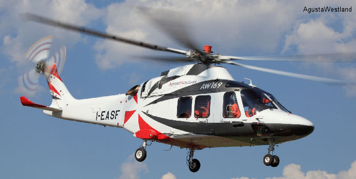 Helicopter AgustaWestland AW169 Serial 69002 Register I-AWCK I-EASF used by AgustaWestland Italy. Built 2012. Aircraft history and location