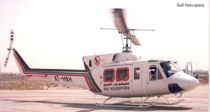 Helicopter Bell 212 Serial 30861 Register A7-HAH used by Gulf Helicopters. Aircraft history and location