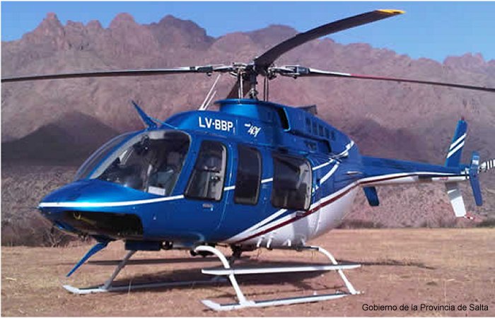 Helicopter Bell 407 Serial 53629 Register LV-BBP LQ-BBP used by Gobiernos Provinciales Gobierno de Salta (Salta Province Government) ,Gobierno de Neuquen (Neuquen Province Government). Built 2004. Aircraft history and location