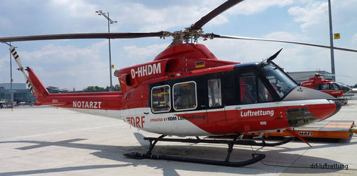 Helicopter Bell 412EP Serial 36355 Register OE-XJO D-HHDM used by Heli Austria GmbH ,Helitalia SpA ,HDM Flugservice ,DRF Luftrettung DRF (German air rescue). Built 2005. Aircraft history and location