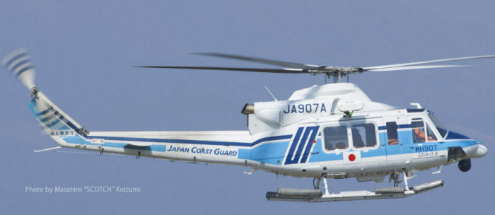 Helicopter Bell 412EP Serial 36246 Register 5X-KEG N412HP JA907A used by Kaijō Hoan-chō JPCG (Japanese Coast Guard). Built 1999. Aircraft history and location