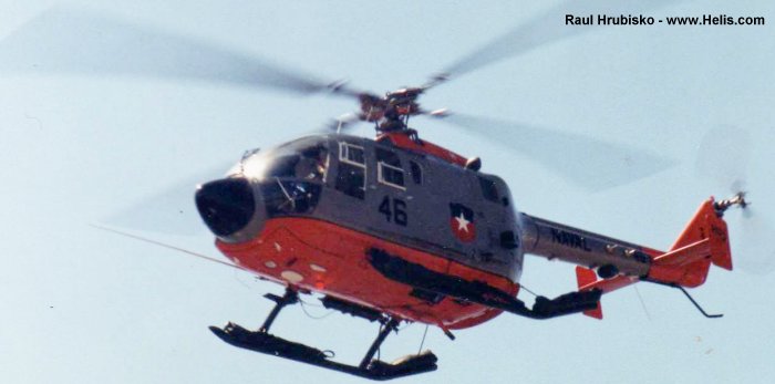 Helicopter MBB Bo105 Serial S-877 Register 46 used by Armada de Chile (Chilean Navy). Aircraft history and location