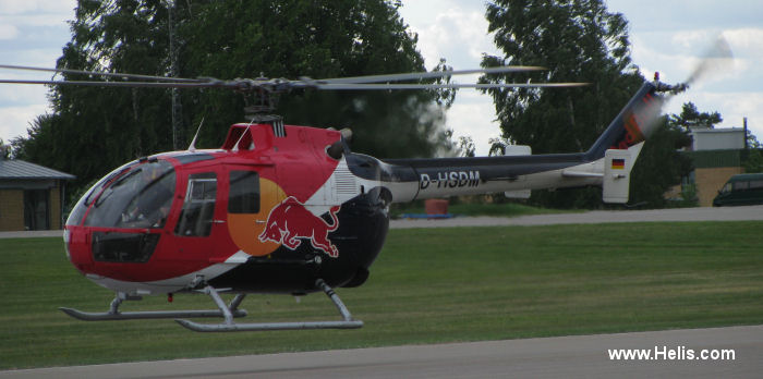 Helicopter MBB Bo105C Serial S-126 Register D-HSDM D-HAYA used by Flying Bulls ,Landespolizei (German Local Police). Built 1974. Aircraft history and location