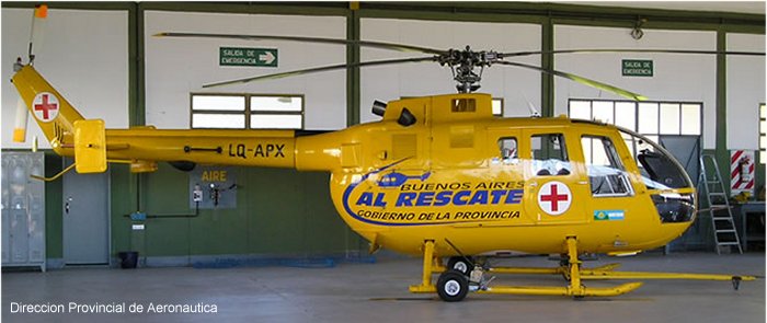 Detailed history and photos of helicopter MBB Bo105CBS Serial S-558 Register LQ-APX used by Gobiernos Provinciales Gobierno de la Provincia de Buenos Aires (Aeronautics Division of Buenos Aires Province) Track service timeline and current status.