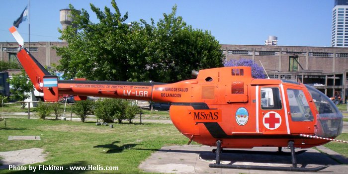 Helicopter MBB Bo105A Serial S-53 Register LV-LGR used by Gobierno Nacional MSAL (Health Ministery). Built 1972. Aircraft history and location