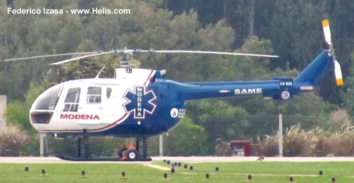 Helicopter MBB Bo105CBS-4 Serial S-754 Register D-HDXP LV-BZX N485EC N722MB used by MBB Modena Air Service US Helicopters Inc State of North Carolina. Built 1986. Aircraft history and location