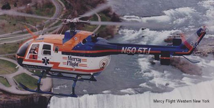 Helicopter MBB Bo105C Serial S-186 Register N585TJ N505TJ N2951W N90762 used by State of New York ,Mercy Flight WNY (Mercy Flight Western New York). Built 1974. Aircraft history and location
