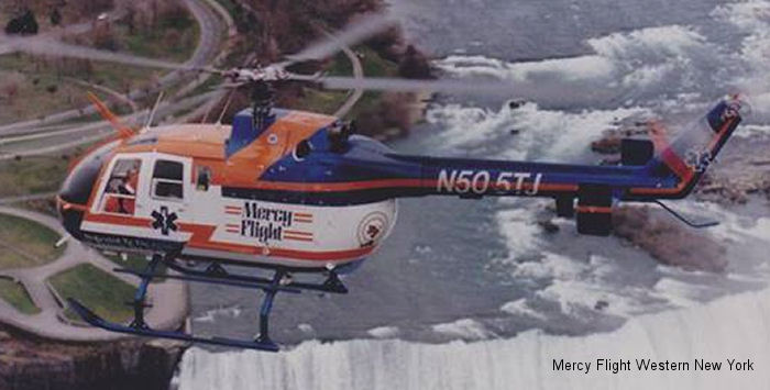 Detailed history and photos of helicopter MBB Bo105C Serial S-186 Register N585TJ N505TJ N2951W N90762 used by State of New York ,Mercy Flight WNY (Mercy Flight Western New York) Track service timeline and current status.