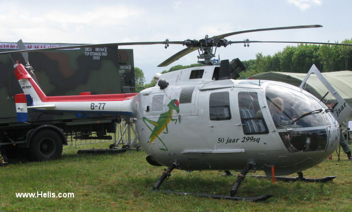 Helicopter MBB Bo105CB Serial S-277 Register B-77 used by Koninklijke Luchtmacht RNLAF (Royal Netherlands Air Force). Aircraft history and location