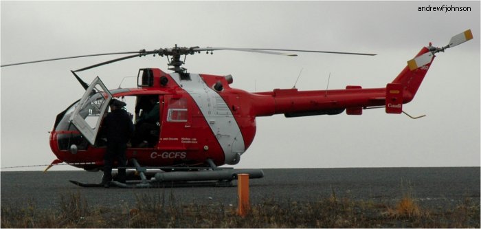 Helicopter MBB Bo105CBS-2 Serial S-725 Register C-GCFS N959MB D-HDRM used by Canadian Coast Guard ,MBB. Built 1985. Aircraft history and location
