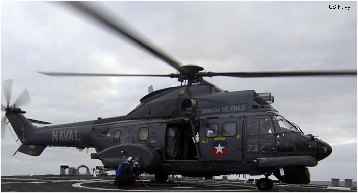 Detailed history and photos of helicopter Eurocopter AS532SC Cougar Serial 2330 Register 73 used by Armada de Chile (Chilean Navy) Track service timeline and current status.