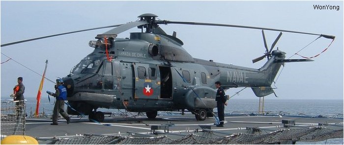 Detailed history and photos of helicopter Eurocopter AS532SC Cougar Serial 2376 Register 74 used by Armada de Chile (Chilean Navy) Track service timeline and current status.