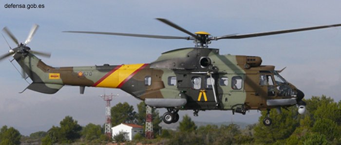 Helicopter Eurocopter AS532AL Cougar Serial 2758 Register HU.27-03 used by Unidad Militar de Emergencias UME (Military Emergencies Unit) ,Fuerzas Aeromóviles del Ejército de Tierra FAMET (Spanish Army Aviation). Aircraft history and location